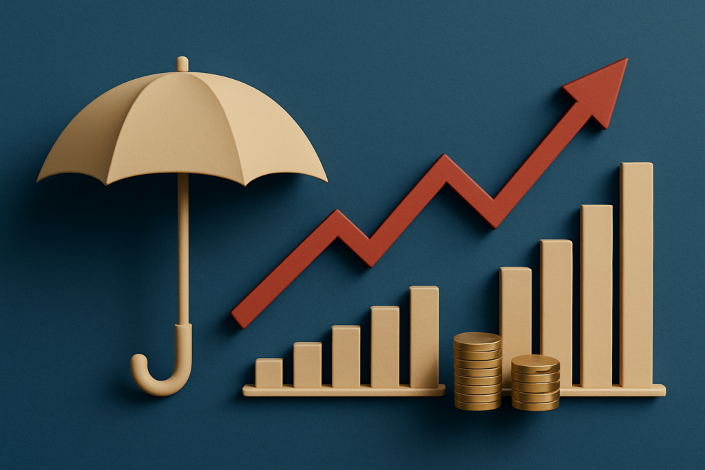 Ilustração conceitual de hedge financeiro usando CDI, com gráficos, moedas e proteção visual
