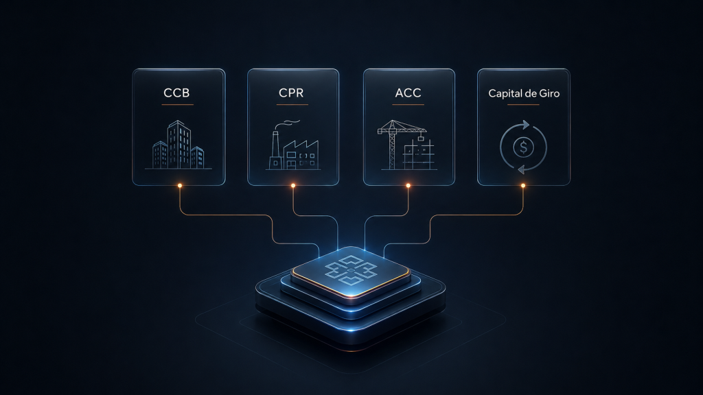 Ilustração em dark mode com quatro modalidades de contratos financeiros, CCB, CPR, ACC e capital de giro, conectadas a uma plataforma central de controle financeiro corporativo.