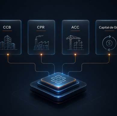 Ilustração em dark mode com quatro modalidades de contratos financeiros, CCB, CPR, ACC e capital de giro, conectadas a uma plataforma central de controle financeiro corporativo.