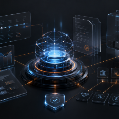 Imagem conceitual em estilo fintech premium mostrando um hub digital central conectado a painéis financeiros, contratos, gráficos e blocos de dados, representando controle de endividamento corporativo, rastreabilidade dos cálculos, integração com ERP e governança financeira.