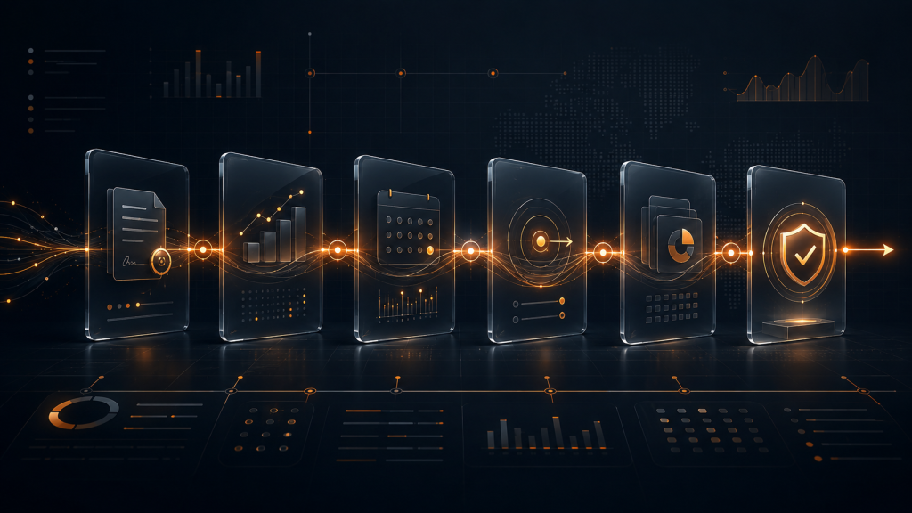 Imagem conceitual em estilo fintech premium mostrando uma trilha auditável de operações financeiras corporativas, com painéis conectados por linhas luminosas que representam contratação, atualização, apropriação, pagamento, contabilidade e validação dos cálculos.