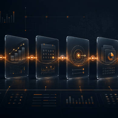 Imagem conceitual em estilo fintech premium mostrando uma trilha auditável de operações financeiras corporativas, com painéis conectados por linhas luminosas que representam contratação, atualização, apropriação, pagamento, contabilidade e validação dos cálculos.