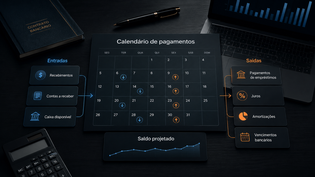 Imagem conceitual em dark mode sobre calendário de pagamentos na tesouraria, mostrando entradas de caixa, saídas financeiras, saldo projetado e vencimentos de empréstimos e financiamentos em uma mesa executiva de controle financeiro.