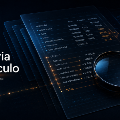 Imagem abstrata de uma memória de cálculo bancária em interface digital, com valores financeiros detalhados, rastreabilidade da cobrança e lupa destacando a composição do cálculo.